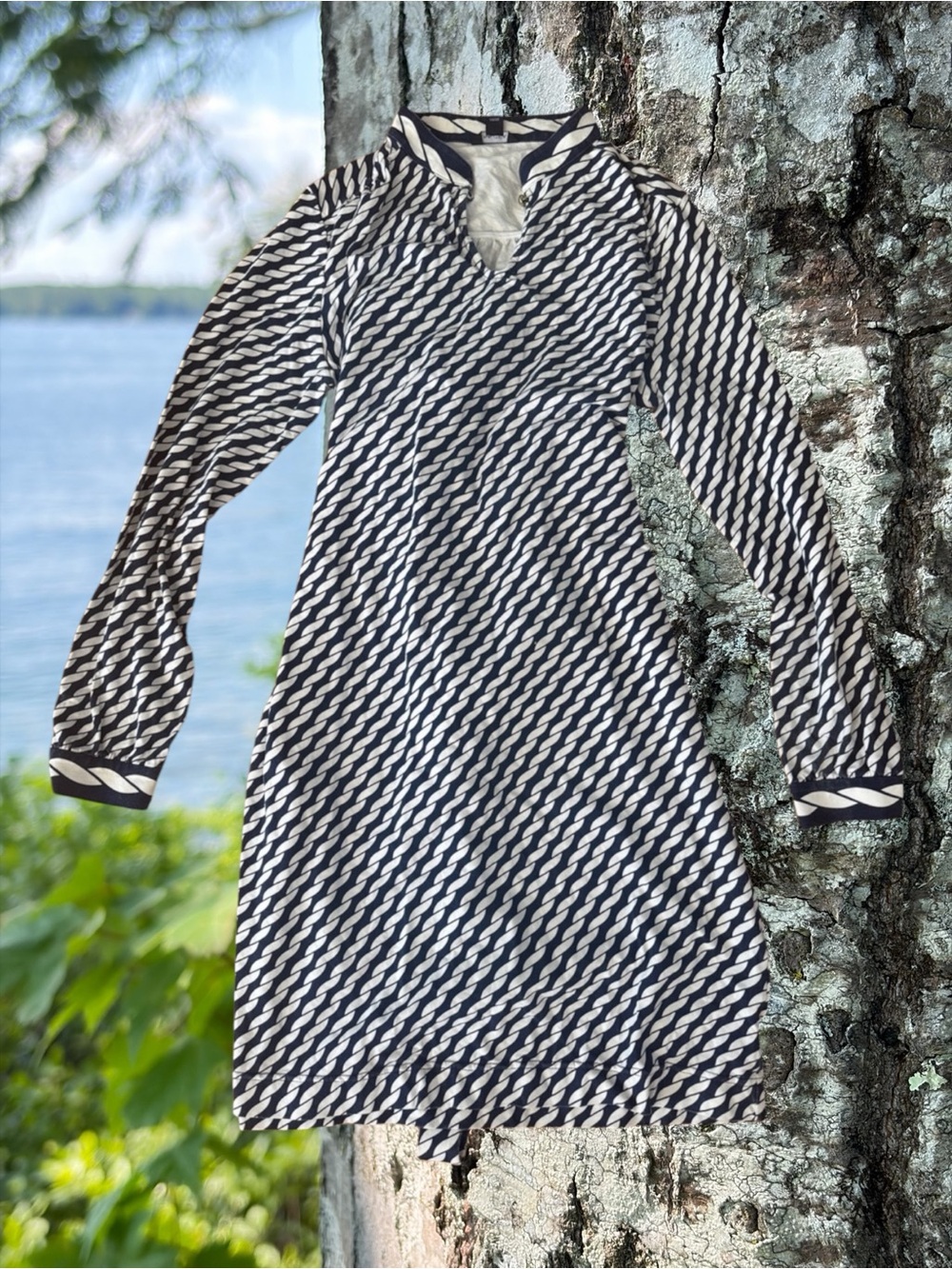 Nautica Navy and White Long Sleeve Rope-Print Dress